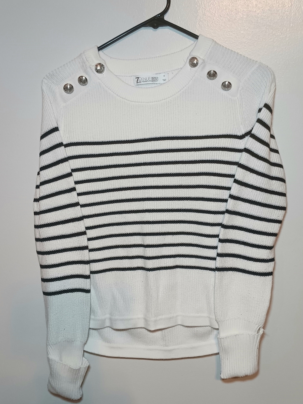 New York & Company White and Black Striped Shoulder-Button Crew Sweater